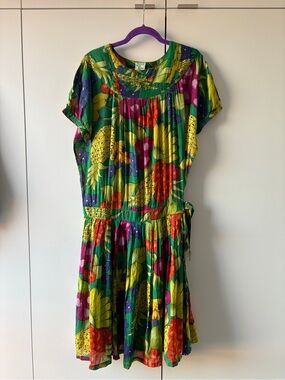 Vintage 80s Rene Derhy Paris Fruit Print Bright Cotton Dress